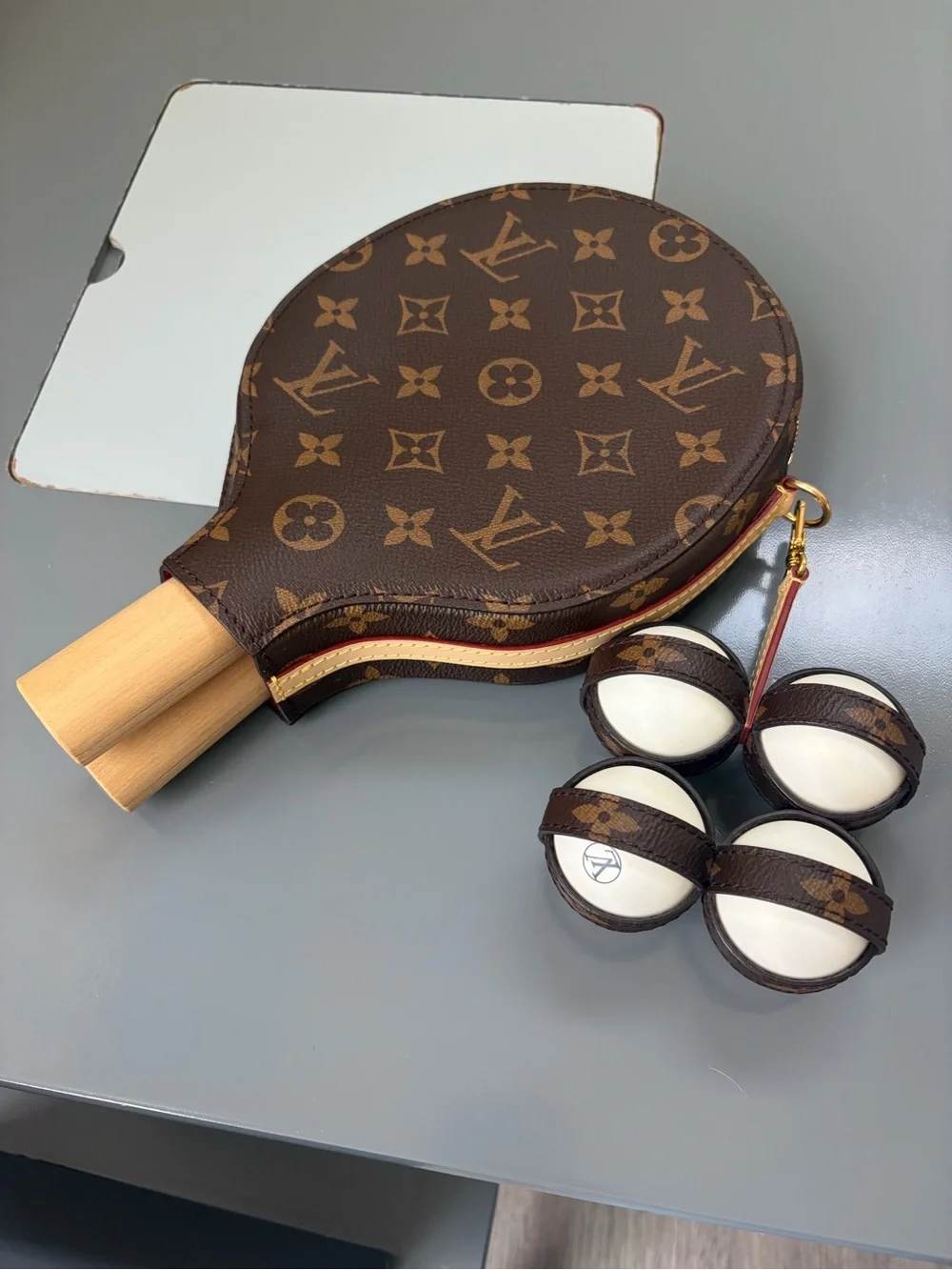 Louis Vuitton Brown Monogram Paddles and Case with Matching Balls